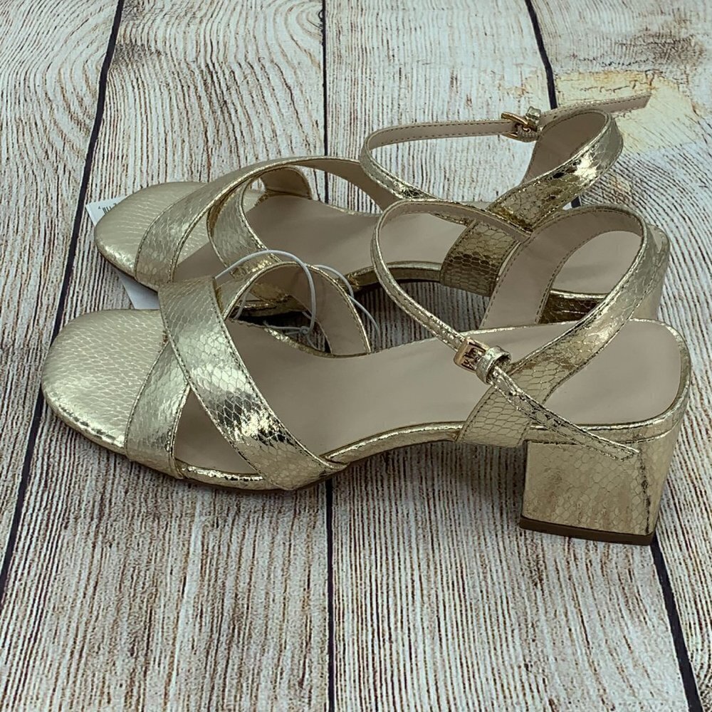 Halston Metallic Gold Snakeskin Strappy Heels - Picture 2 of 12